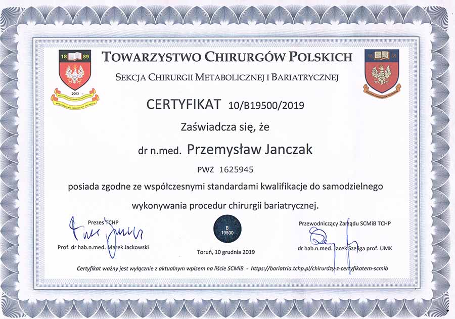 Certyfikat – Towarzystwo Chirurgów Polskich